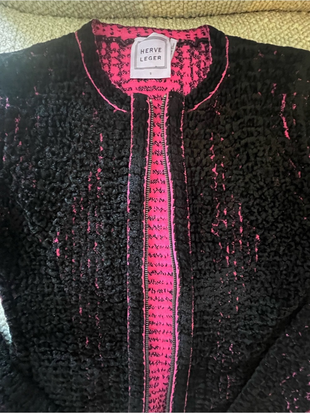 Herve Leger Tweed Pattern Knit zippered jacket / cardigan. Black/Fuchsia.  Small